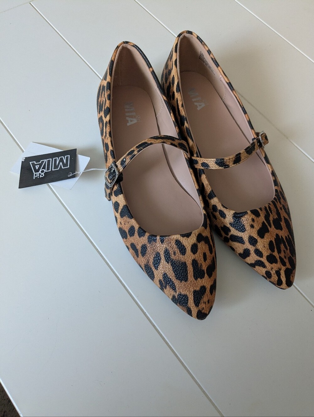 MIA Leopard-Print Pointed Mary Jane Flats - Tan/Black